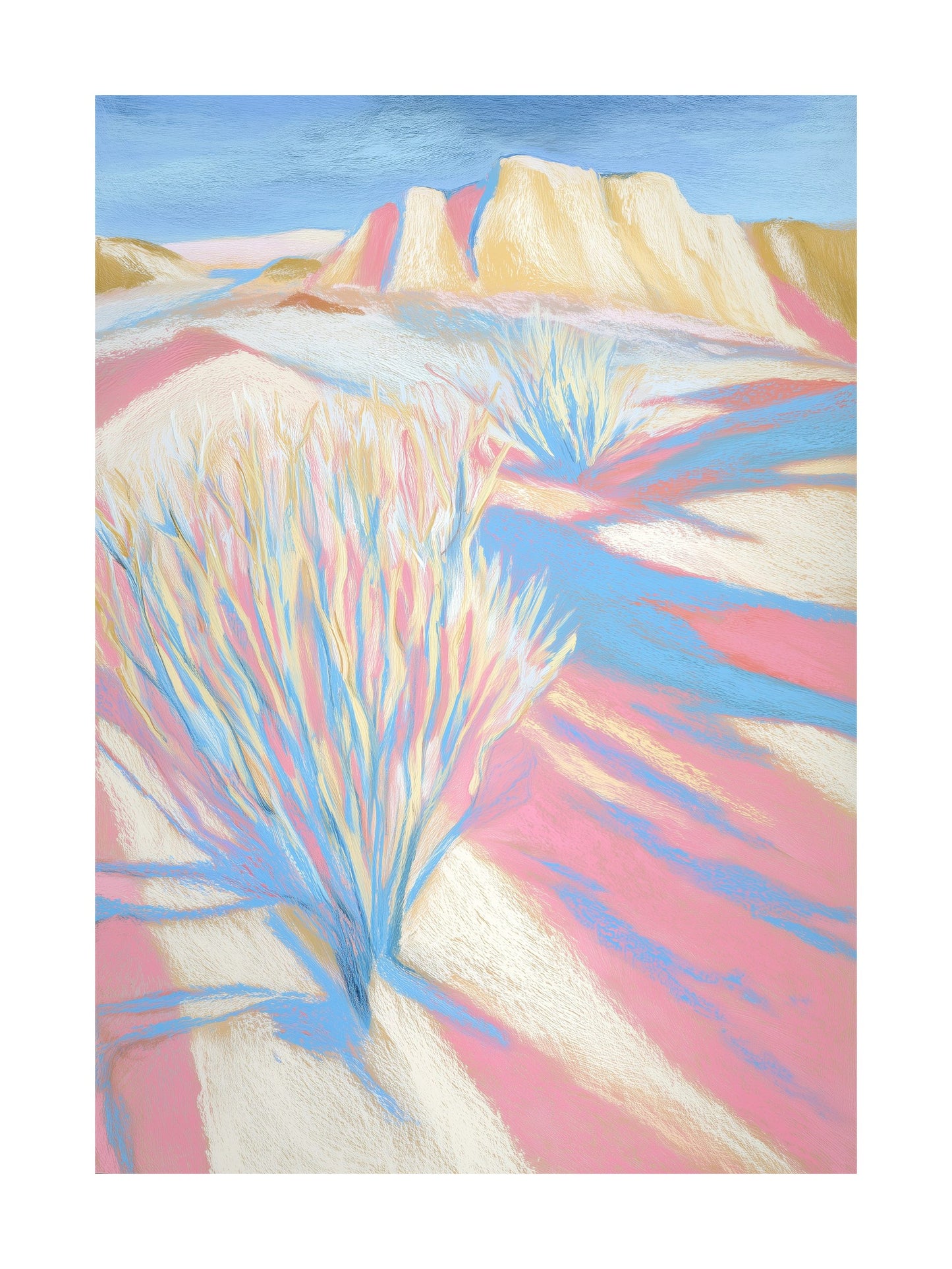 Desert landscape with brush and pastel-colored shadows