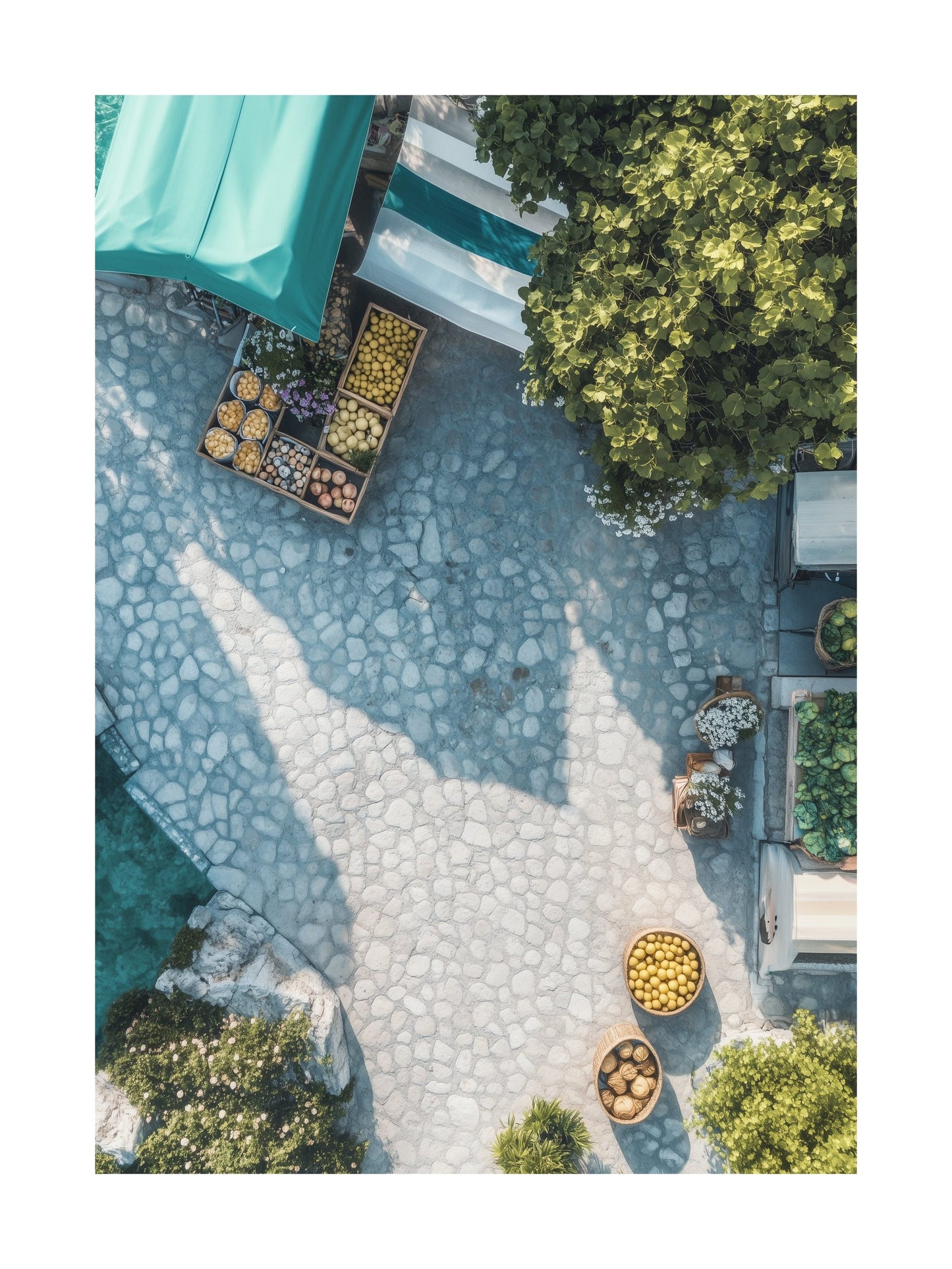 Top-down image of a market with fruit baskets and shadows cast on cobblestones. Ideal for wall art in your home, office, or studio.