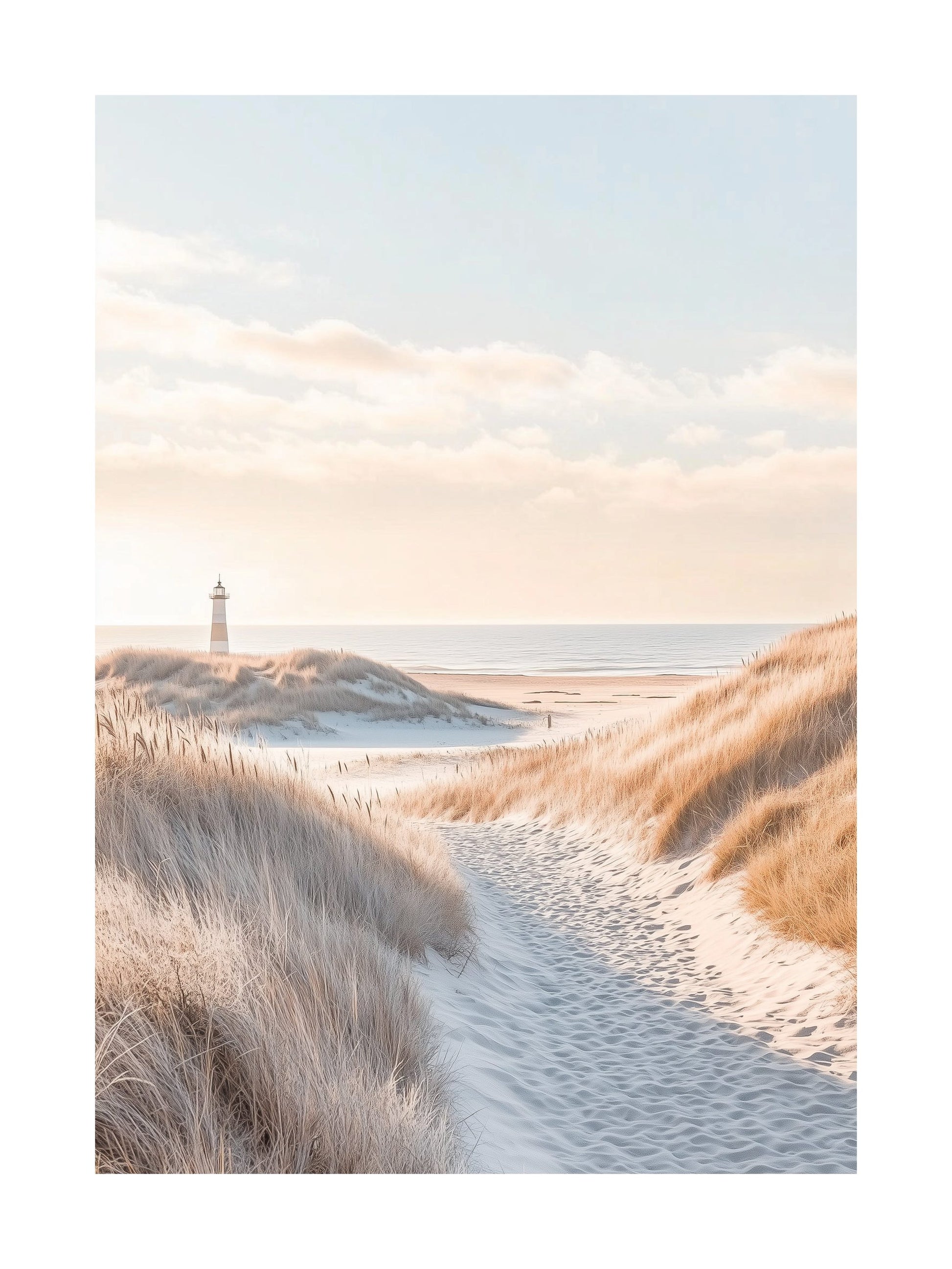 Lighthouse in the distance framed by light sandy dunes under a soft sky
