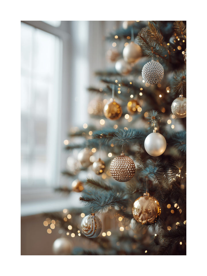 Decorated Christmas tree with gold ornaments and warm lights near window