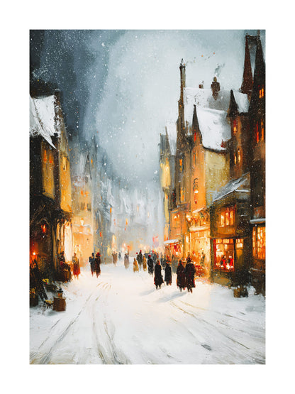 Oil painting of a snowy village street with warm lights and people walking.
