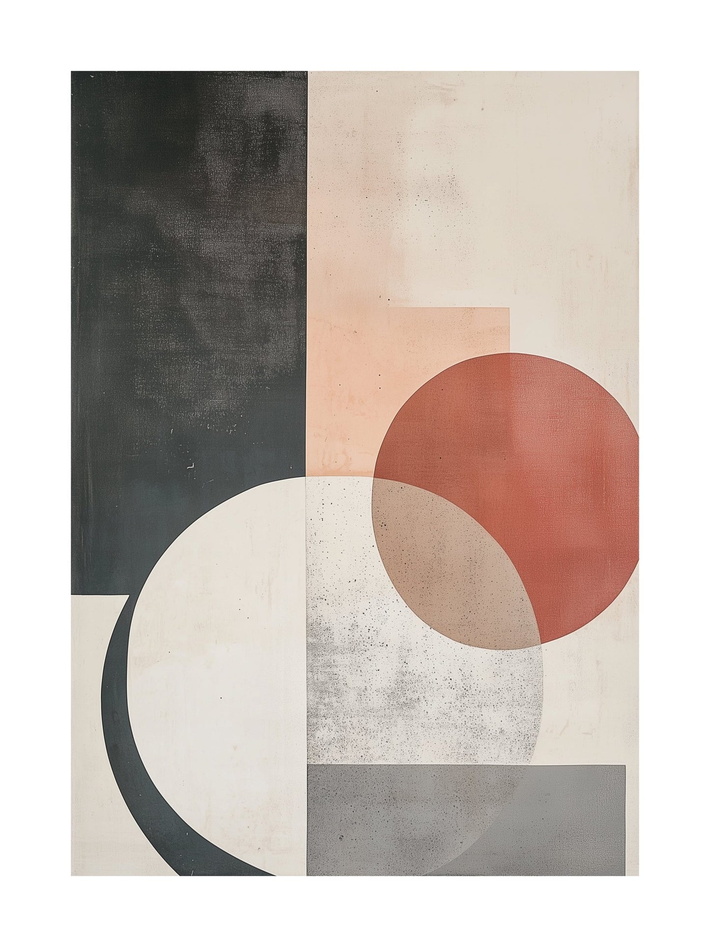 Poster with overlapping geometric shapes in deep green, ochre, and grey.