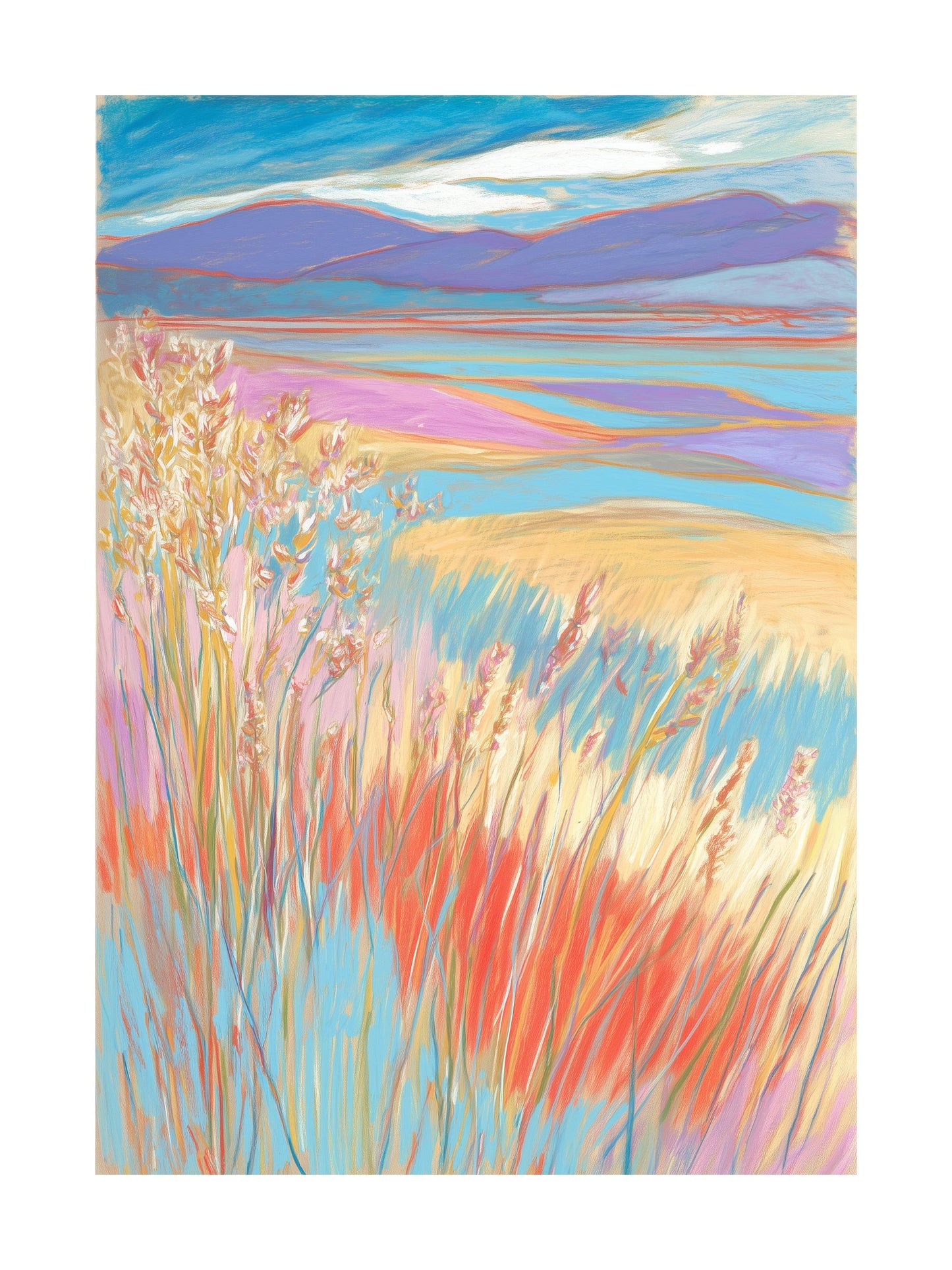 Tall grasses in warm colors with mountains and a turquoise sky in the background.