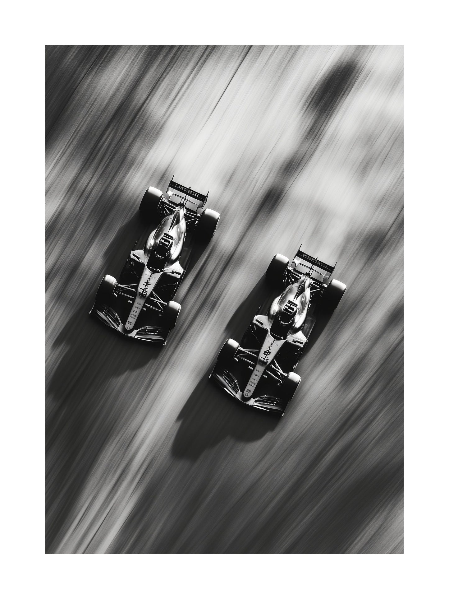 Black and white top-down image of two Formula 1 cars racing