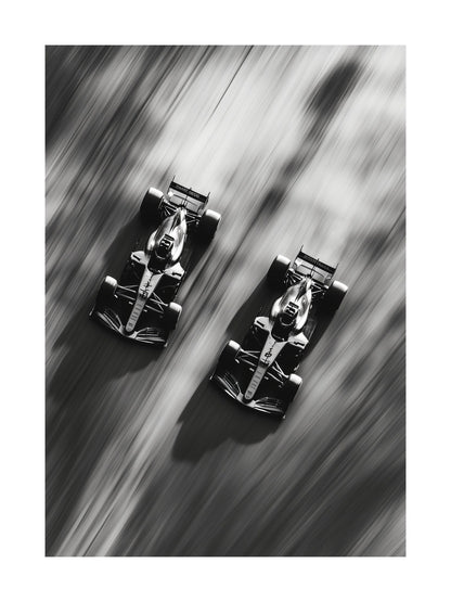 Black and white top-down image of two Formula 1 cars racing
