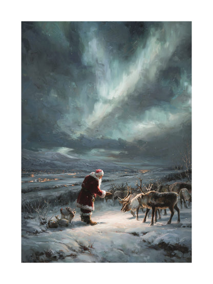 Santa feeding reindeer under northern lights in snowy Nordic landscape