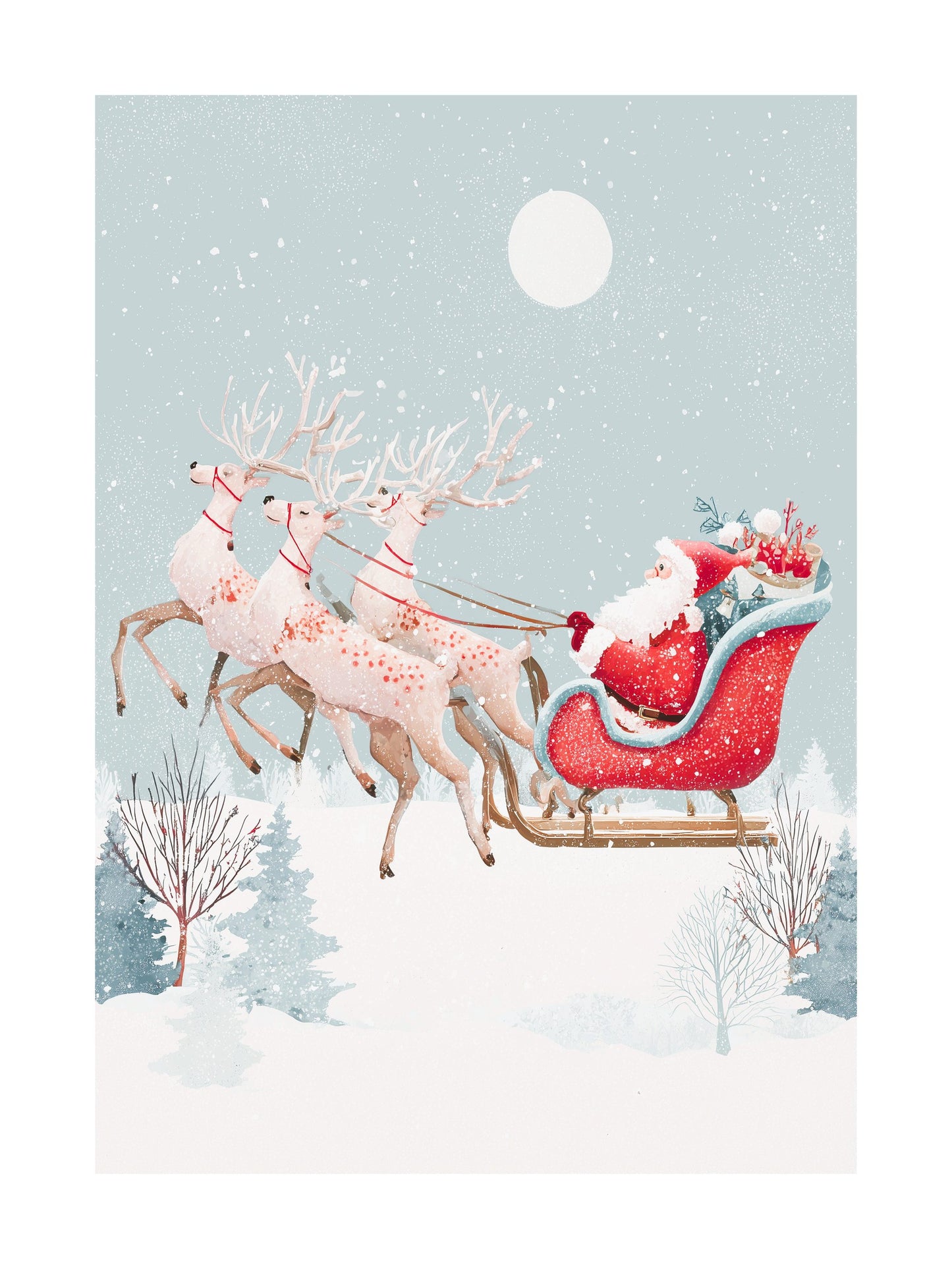 Illustration of Santa Claus riding a red sleigh pulled by reindeer in snowy landscape