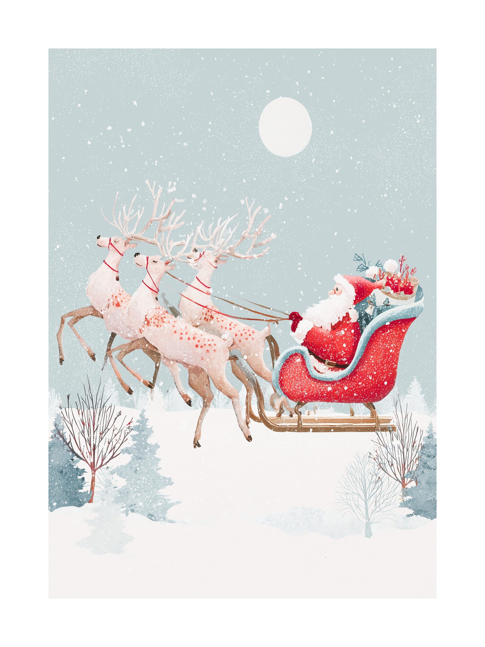 Illustration of Santa Claus riding a red sleigh pulled by reindeer in snowy landscape