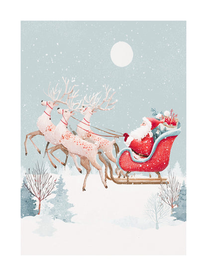 Illustration of Santa Claus riding a red sleigh pulled by reindeer in snowy landscape