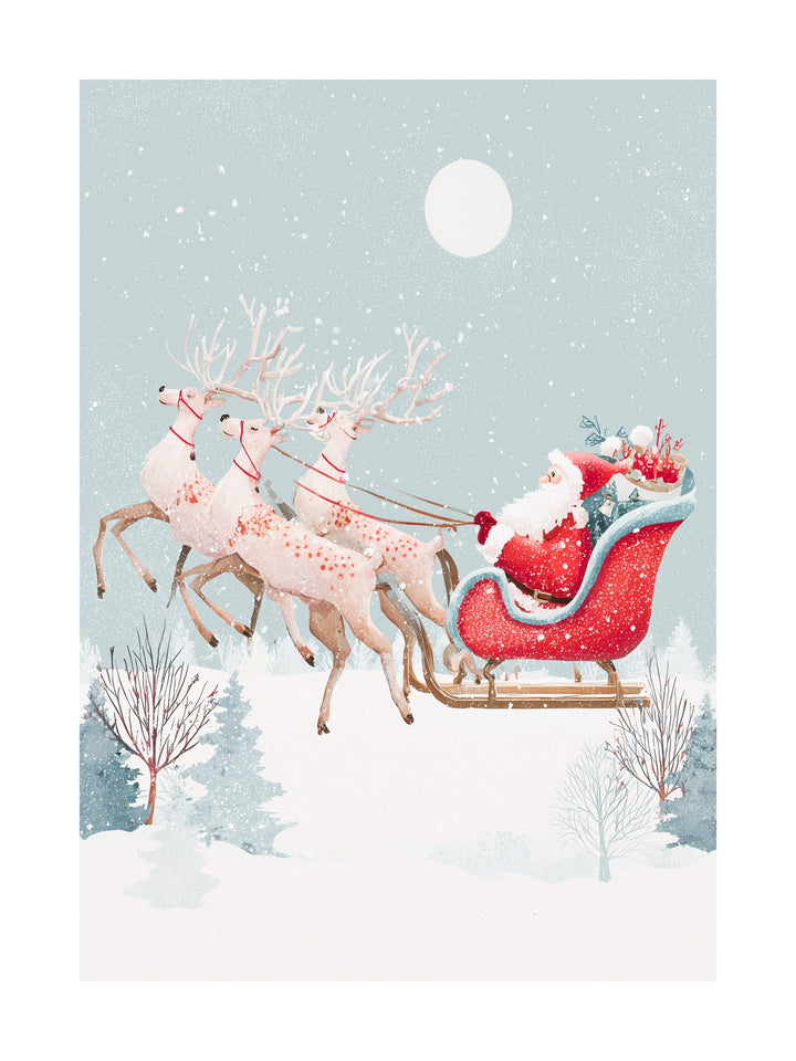 Illustration of Santa Claus riding a red sleigh pulled by reindeer in snowy landscape