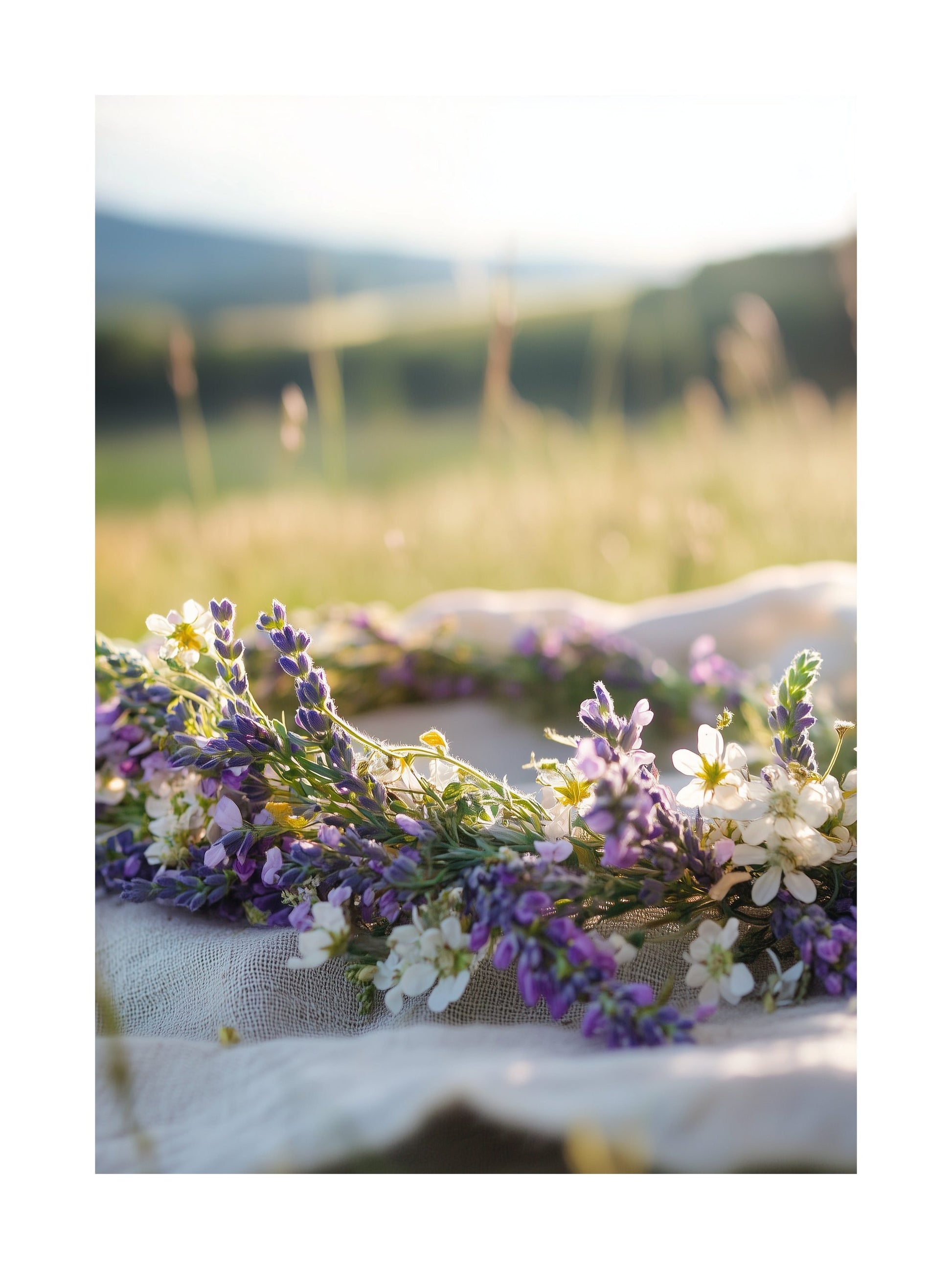 Detailed photo of a handmade midsummer flower crown with wildflowers