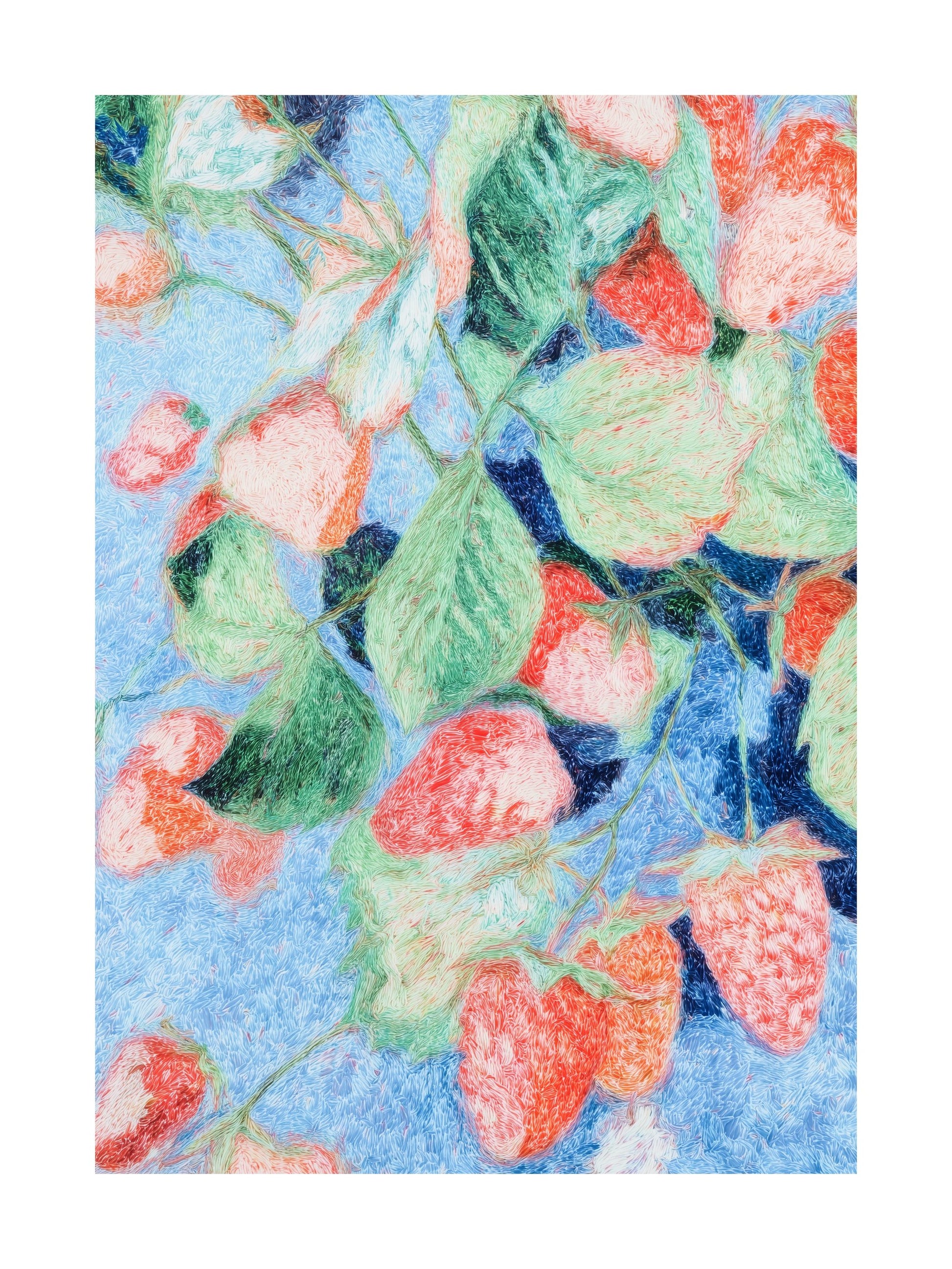 Illustration of strawberries and leaves on blue background