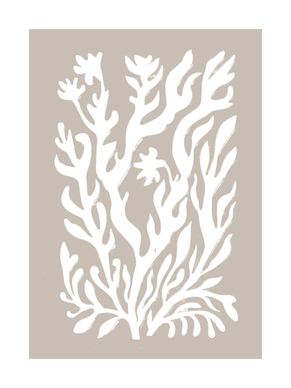 Poster with white botanical shapes on beige background, ideal for minimalist and boho wall art